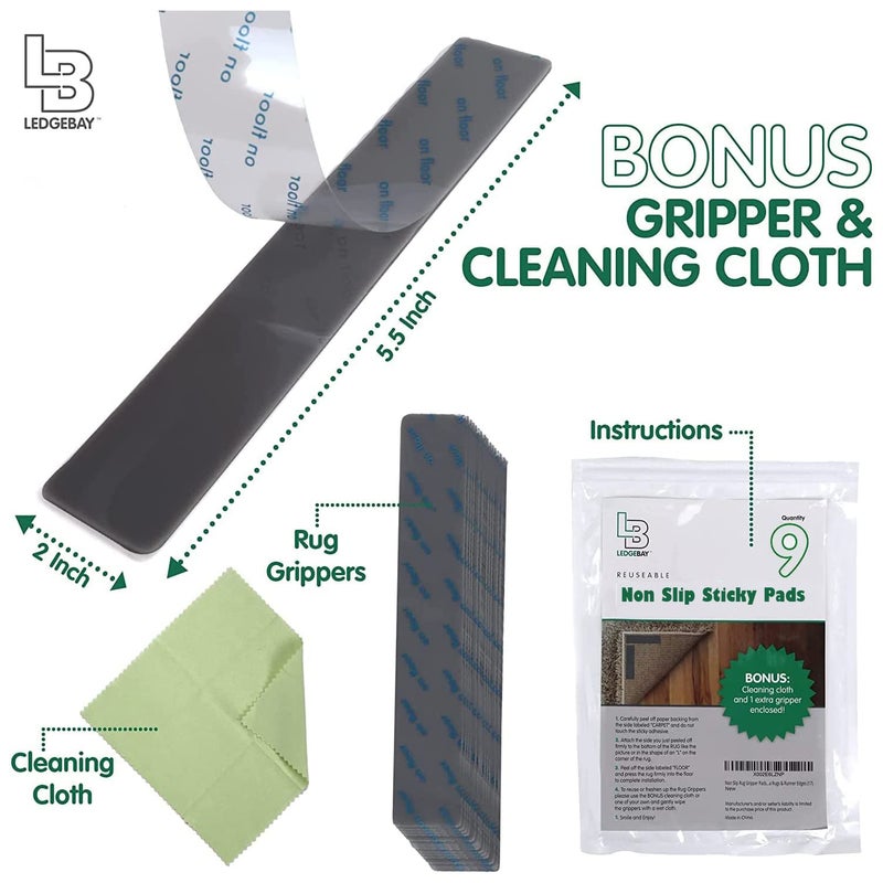 Ledgebay Rug Pad Grippers for Area Rugs Pack of 9 Reusable, No Skid, Washable, Anti-Slip Pads, Rug Gripper for Hardwood Floors and Tile with Double-Sided, Self Adhesive Rug Tape to Keep Rugs Flat - Image 2